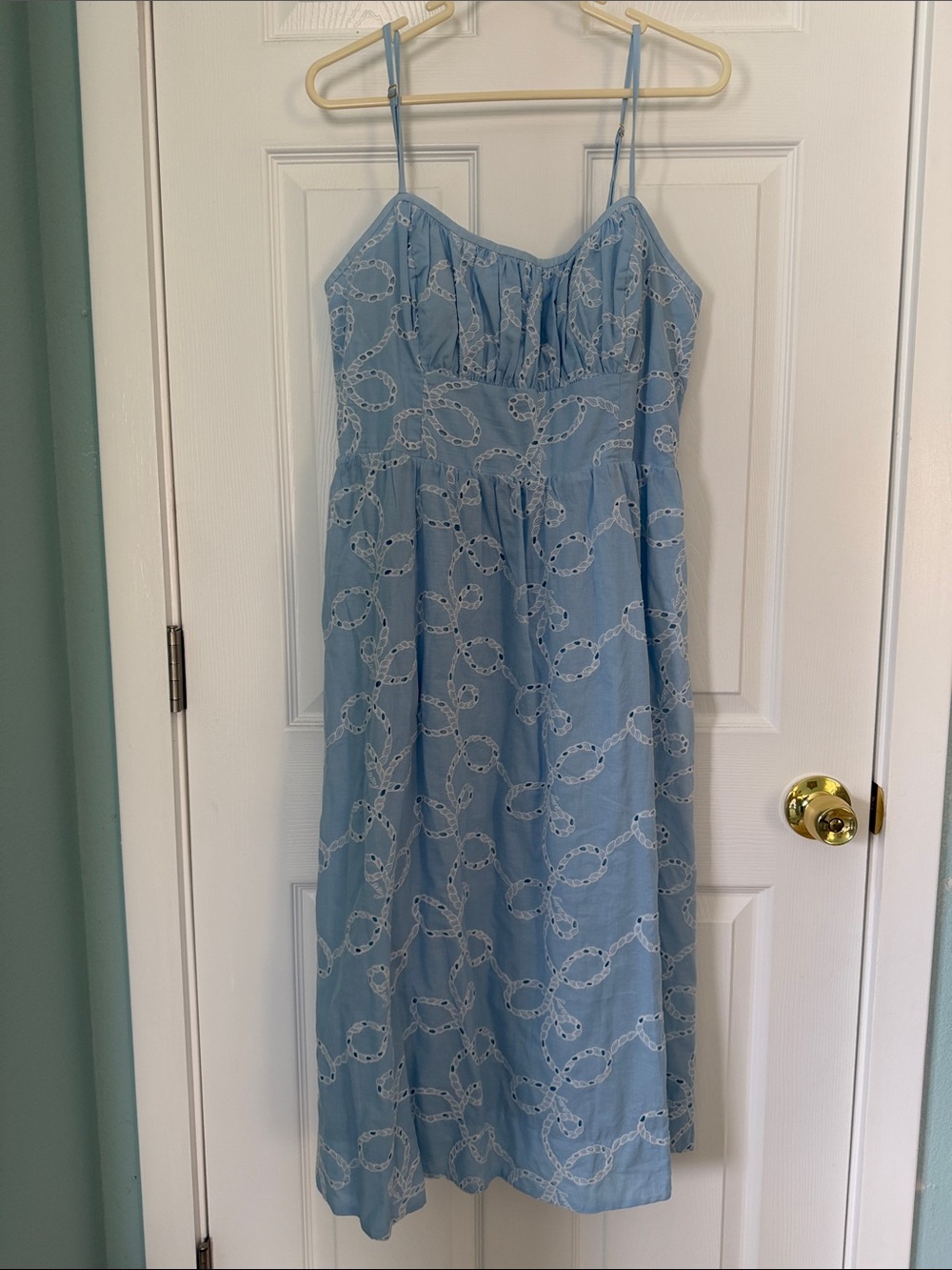 Lilly Pulitzer Light Blue Eyelet Spaghetti Strap Midi Dress with pockets